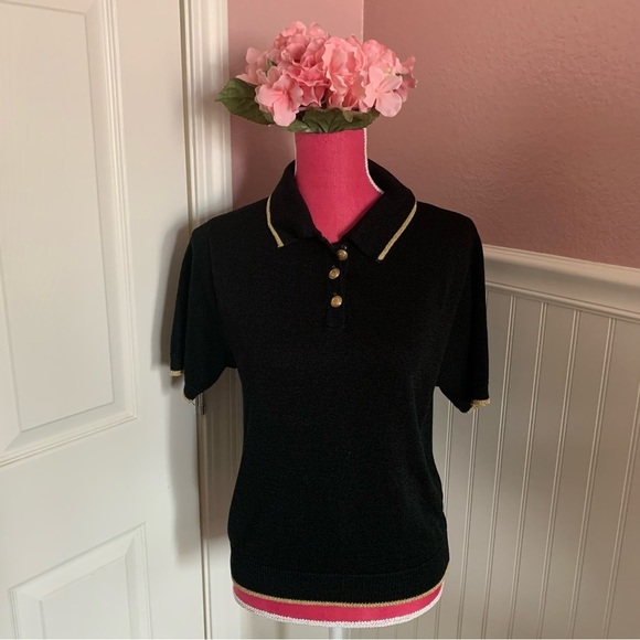 San Remo Tops - Vintage San Remo by Laura Knits Short Sleeved Collared Sweat with Gold Accents